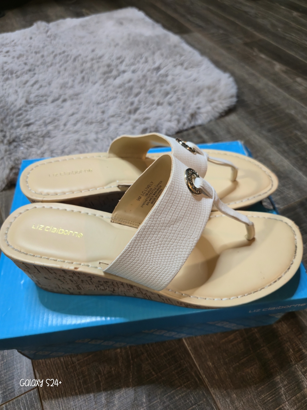 Lively Cream Wedge Thong Sandals with Gold Accent